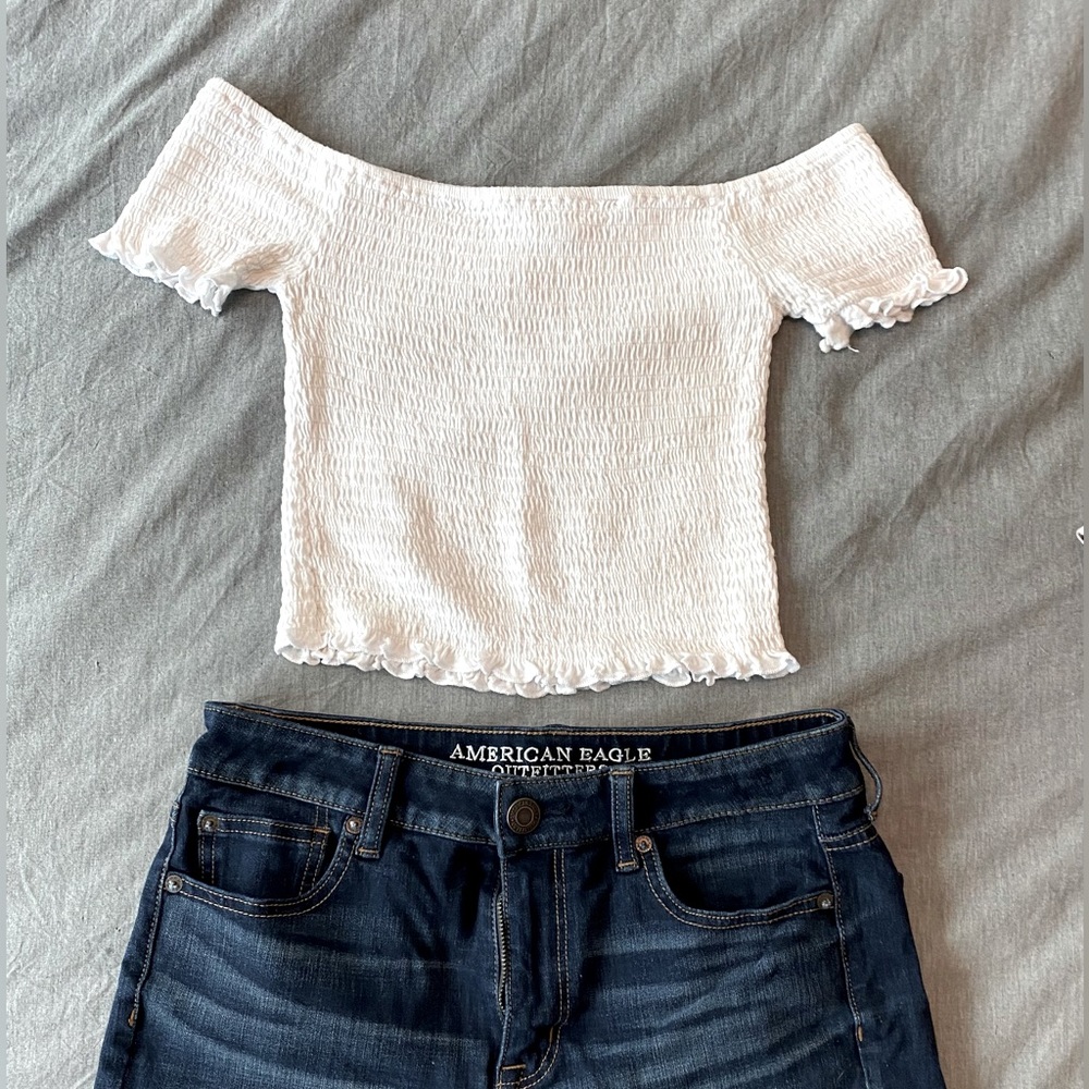 White ribbed off shoulder crop with ruffle hem